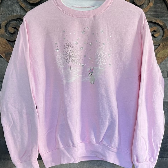 Bunny Novelty Sweatshirt Vtg 90s Pink L Embellished Bedazzled Grandmacore - Picture 3 of 16